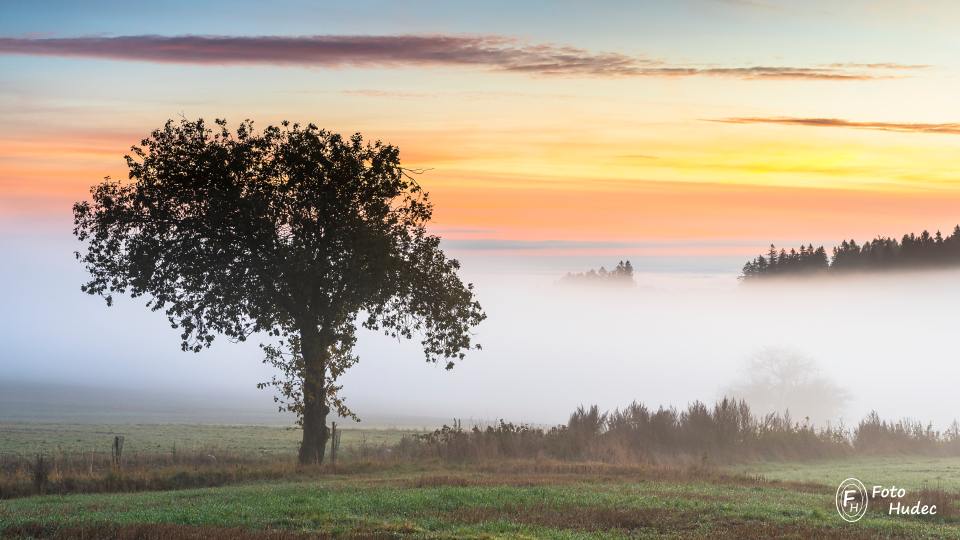 Barevné mlhavé ráno na Luckém vrchu