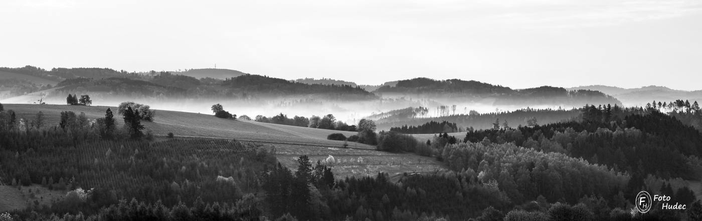 Mlhavá krajina pod Horním lesem - černobílá
