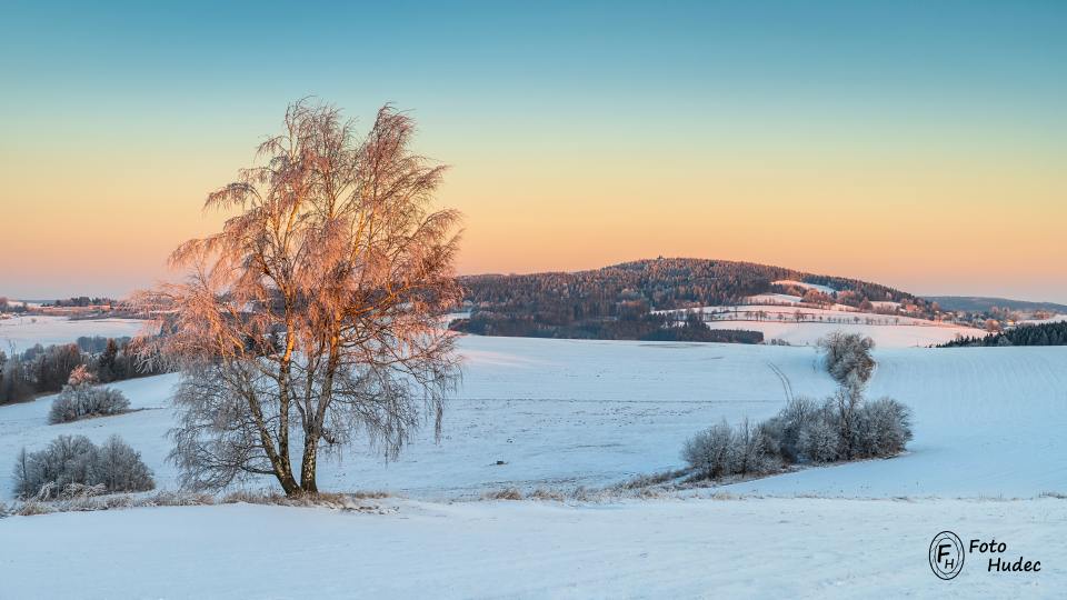 Zimní krajina k Buchtovu kopci v ranním slunci
